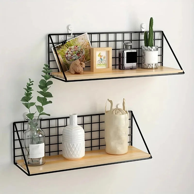 Wall Mounted Floating Shelf with Metal Basket