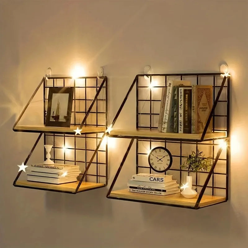 Wall Mounted Floating Shelf with Metal Basket