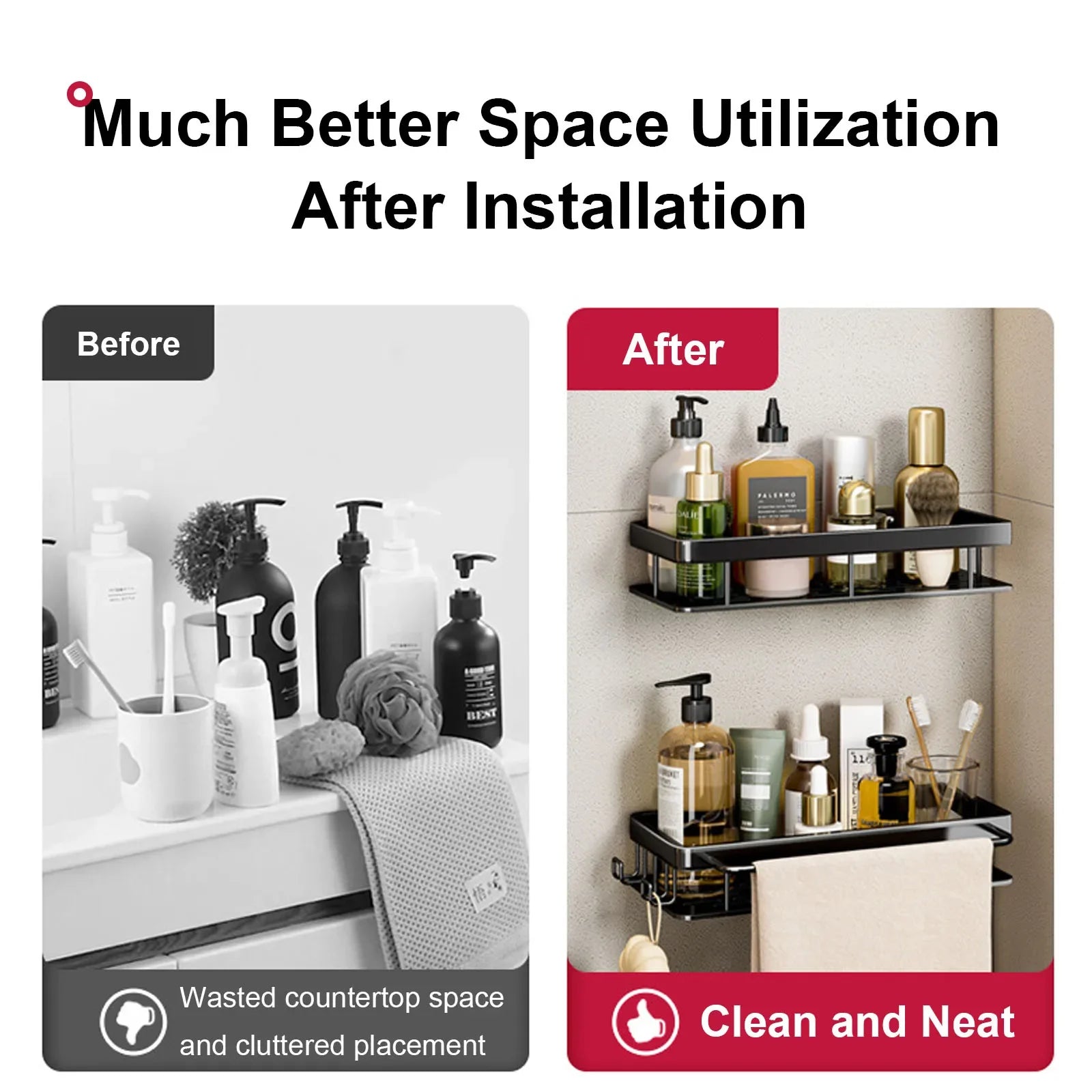 No-Drill Wall Mounted Bathroom Shelf