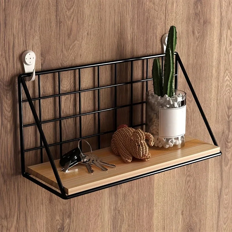 Wall Mounted Floating Shelf with Metal Basket