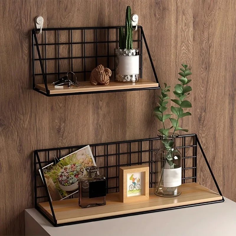 Wall Mounted Floating Shelf with Metal Basket