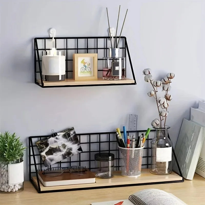Wall Mounted Floating Shelf with Metal Basket